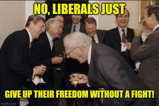 Laughing Men In Suits Meme | NO, LIBERALS JUST GIVE UP THEIR FREEDOM WITHOUT A FIGHT! | image tagged in memes,laughing men in suits | made w/ Imgflip meme maker