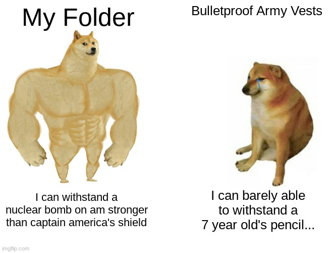 Buff Doge vs. Cheems Meme | My Folder; Bulletproof Army Vests; I can withstand a nuclear bomb on am stronger than captain america's shield; I can barely able to withstand a 7 year old's pencil... | image tagged in memes,buff doge vs cheems | made w/ Imgflip meme maker