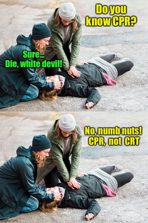 Learn something useful in life |  Do you know CPR? Sure…
Die, white devil! No, numb nuts! 
CPR,  not  CRT | image tagged in memes,critical race theory,cpr | made w/ Imgflip meme maker