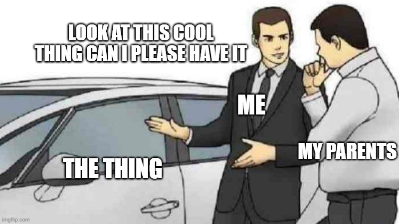 *sadness intensifies bc they always say no* | LOOK AT THIS COOL THING CAN I PLEASE HAVE IT; ME; MY PARENTS; THE THING | image tagged in memes,car salesman slaps roof of car | made w/ Imgflip meme maker