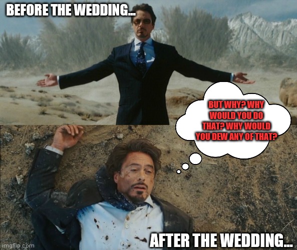 Tony Stark Before and After | BEFORE THE WEDDING... AFTER THE WEDDING... BUT WHY? WHY WOULD YOU DO THAT? WHY WOULD YOU DEW ANY OF THAT? | image tagged in tony stark before and after | made w/ Imgflip meme maker