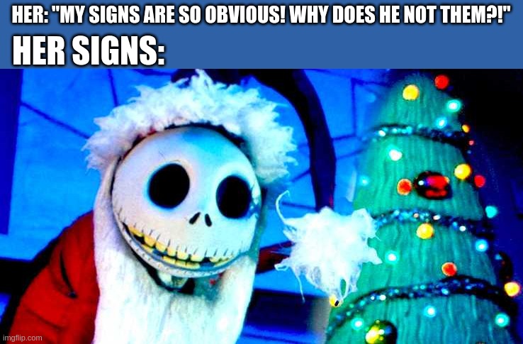 "Hello, little boy!" | HER SIGNS:; HER: "MY SIGNS ARE SO OBVIOUS! WHY DOES HE NOT THEM?!" | image tagged in nightmare before christmas | made w/ Imgflip meme maker
