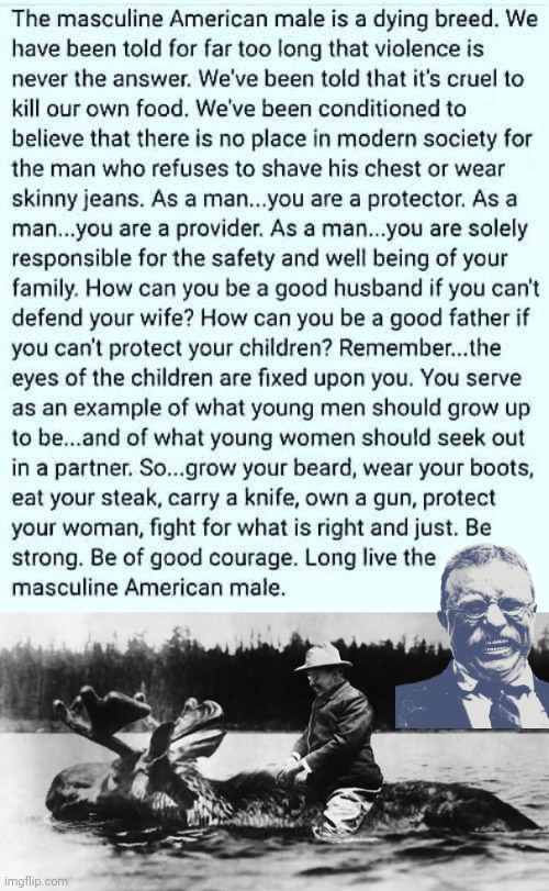 Teddy Roosevelt Real MAN | image tagged in teddy roosevelt on a moose | made w/ Imgflip meme maker