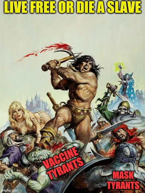 Happy birthday to Roy Thomas from Conan the Barbarian | LIVE FREE OR DIE A SLAVE MASK TYRANTS VACCINE TYRANTS | image tagged in happy birthday to roy thomas from conan the barbarian | made w/ Imgflip meme maker