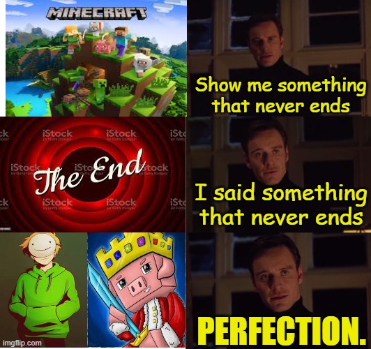 Minecraft best Youtubers | Show me something that never ends; I said something that never ends; PERFECTION. | image tagged in perfection | made w/ Imgflip meme maker