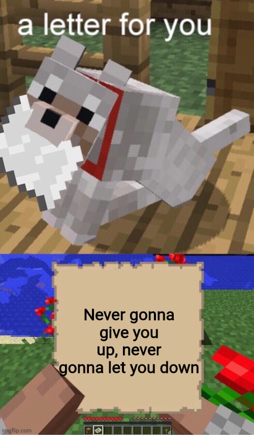 Minecraft Mail | Never gonna give you up, never gonna let you down | image tagged in minecraft mail | made w/ Imgflip meme maker