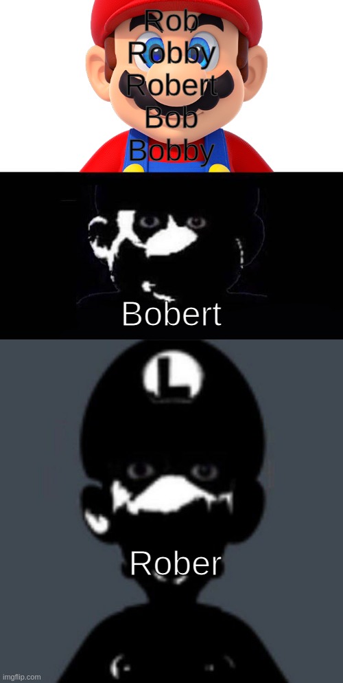 Bert | Rob
Robby
Robert
Bob
Bobby; Bobert; Rober | image tagged in lightside mario vs darkside mario | made w/ Imgflip meme maker