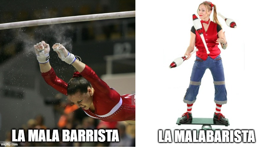 minimal pair | LA MALABARISTA; LA MALA BARRISTA | image tagged in spanish,gymnastics,circus,linguistics | made w/ Imgflip meme maker