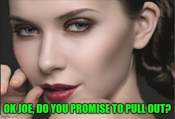 seductive look | OK JOE, DO YOU PROMISE TO PULL OUT? | image tagged in seductive look | made w/ Imgflip meme maker