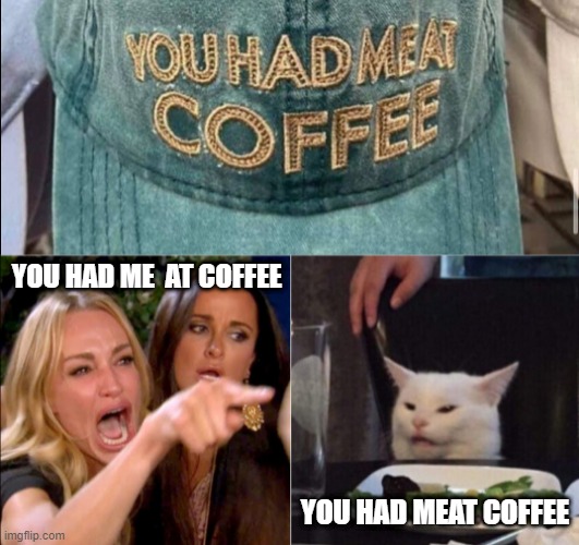 meat coffee | YOU HAD ME  AT COFFEE; YOU HAD MEAT COFFEE | image tagged in woman yelling at cat | made w/ Imgflip meme maker
