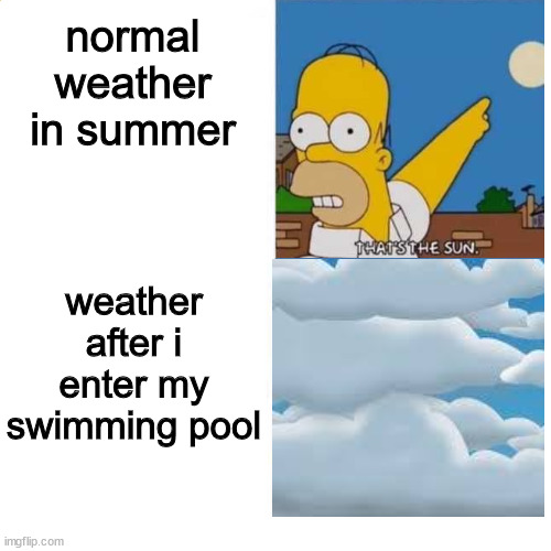 weather in a nutshell | normal weather in summer; weather after i enter my swimming pool | image tagged in weather,in a nutshell,simpsons,sun,pool,swimming pool | made w/ Imgflip meme maker