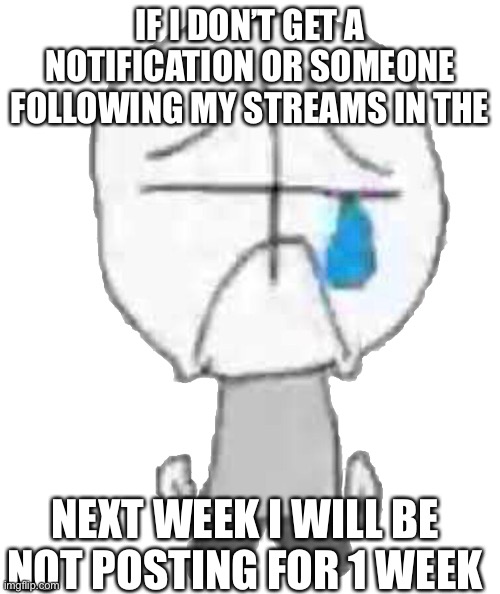 Quickly get me notifications! | IF I DON’T GET A NOTIFICATION OR SOMEONE FOLLOWING MY STREAMS IN THE; NEXT WEEK I WILL BE NOT POSTING FOR 1 WEEK | image tagged in sadness combat grunt,goodbye,weekend,sad,notifications,streams | made w/ Imgflip meme maker