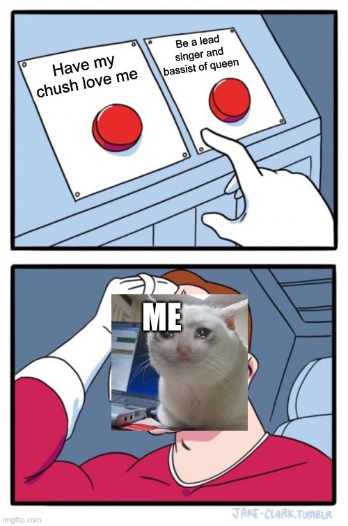 Two Buttons Meme | Be a lead singer and bassist of queen; Have my chush love me; ME | image tagged in memes,two buttons,crying cat | made w/ Imgflip meme maker