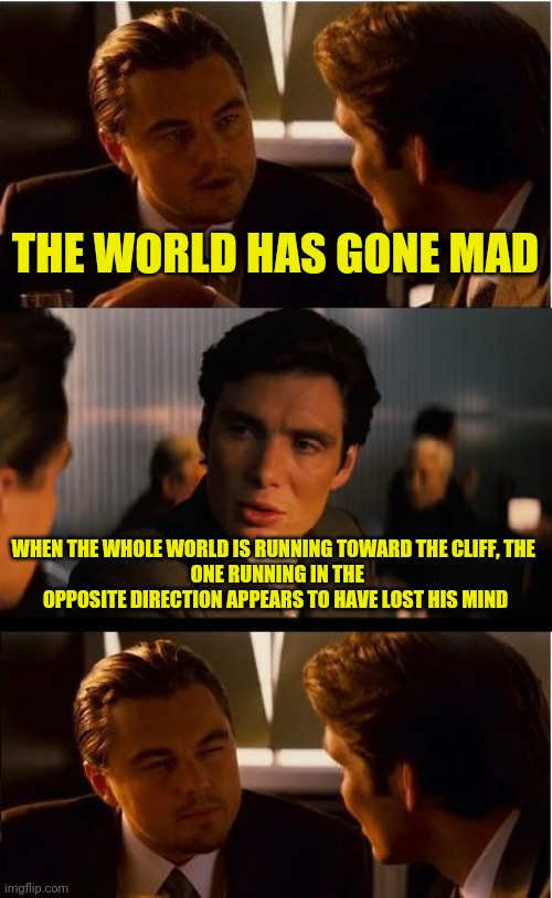 Inception Meme | THE WORLD HAS GONE MAD; WHEN THE WHOLE WORLD IS RUNNING TOWARD THE CLIFF, THE 
 ONE RUNNING IN THE OPPOSITE DIRECTION APPEARS TO HAVE LOST HIS MIND | image tagged in memes,inception | made w/ Imgflip meme maker
