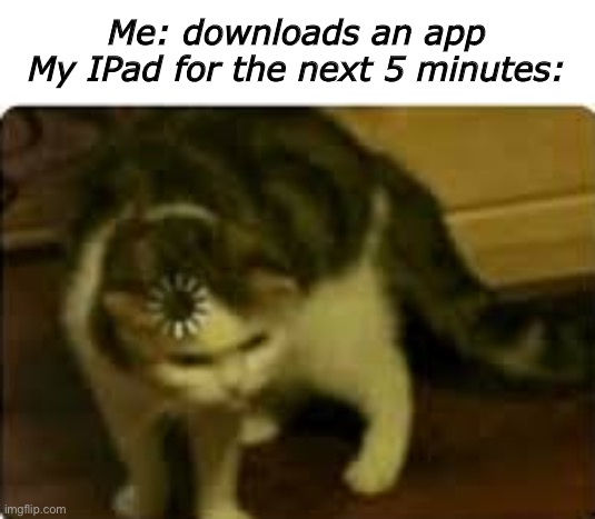 Buffering cat |  Me: downloads an app
My IPad for the next 5 minutes: | image tagged in buffering cat | made w/ Imgflip meme maker