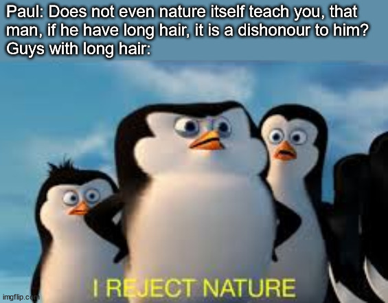 1 Corinthians 11:14 | Paul: Does not even nature itself teach you, that 
man, if he have long hair, it is a dishonour to him?
Guys with long hair: | image tagged in i reject nature | made w/ Imgflip meme maker