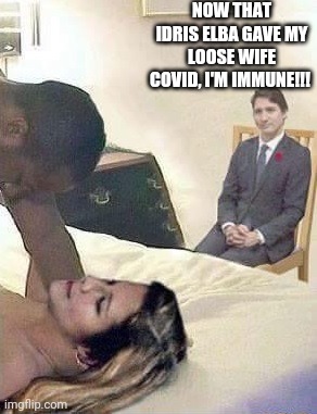 Cuck Trudeau | NOW THAT IDRIS ELBA GAVE MY LOOSE WIFE COVID, I'M IMMUNE!!! | image tagged in cuck trudeau | made w/ Imgflip meme maker