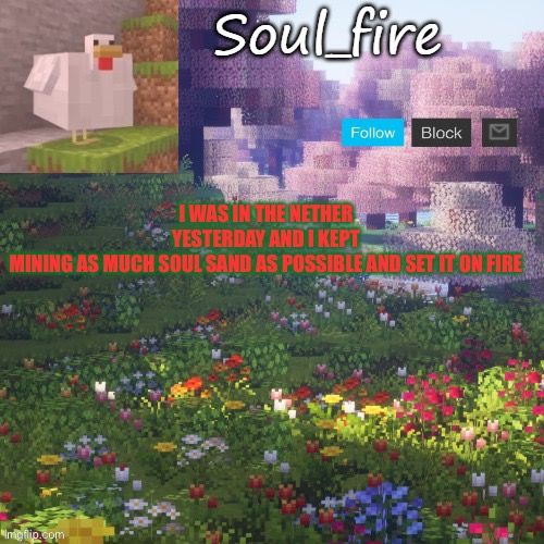 I got pearls from piglins and found by first bastion | I WAS IN THE NETHER YESTERDAY AND I KEPT MINING AS MUCH SOUL SAND AS POSSIBLE AND SET IT ON FIRE | image tagged in soul_fires minecraft temp ty yachi | made w/ Imgflip meme maker