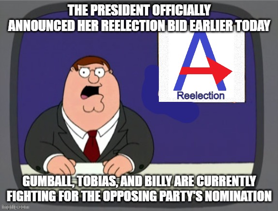 news news | THE PRESIDENT OFFICIALLY ANNOUNCED HER REELECTION BID EARLIER TODAY; Reelection; GUMBALL, TOBIAS, AND BILLY ARE CURRENTLY FIGHTING FOR THE OPPOSING PARTY'S NOMINATION | image tagged in news news | made w/ Imgflip meme maker