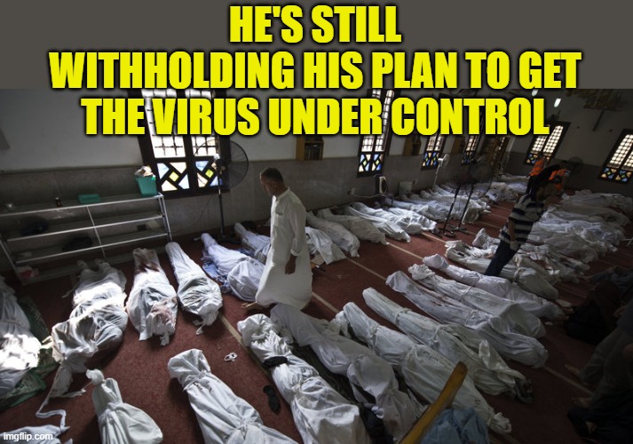 Gang bang in a morgue | HE'S STILL WITHHOLDING HIS PLAN TO GET THE VIRUS UNDER CONTROL | image tagged in gang bang in a morgue | made w/ Imgflip meme maker