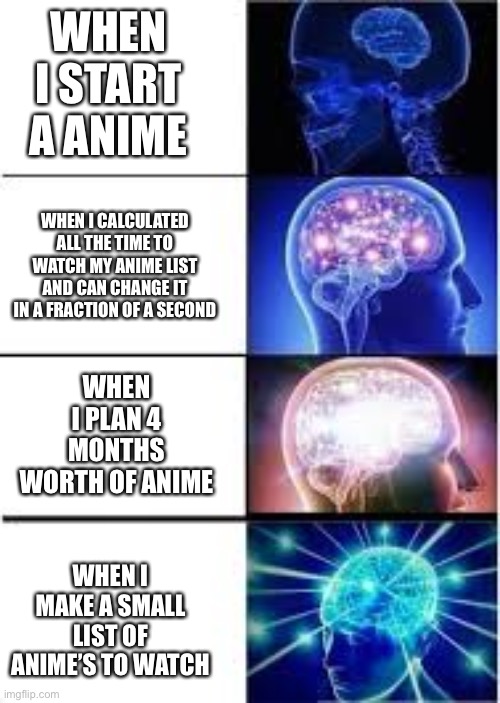 Anime planing | WHEN I START A ANIME; WHEN I CALCULATED ALL THE TIME TO WATCH MY ANIME LIST AND CAN CHANGE IT IN A FRACTION OF A SECOND; WHEN I PLAN 4 MONTHS WORTH OF ANIME; WHEN I MAKE A SMALL LIST OF ANIME’S TO WATCH | image tagged in anime | made w/ Imgflip meme maker