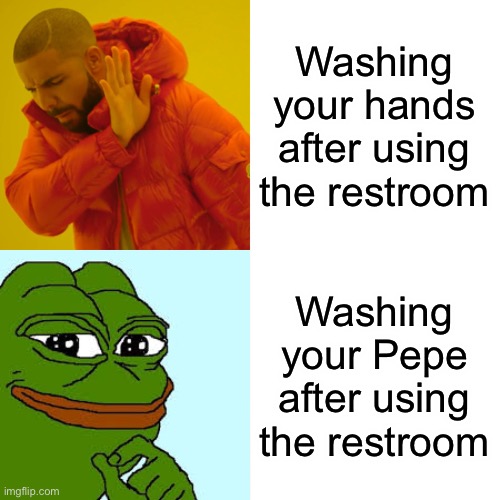 Pepe party always exercises good hygiene at restaurants, vote Pepe party | Washing your hands after using the restroom; Washing your Pepe after using the restroom | image tagged in memes,drake hotline bling | made w/ Imgflip meme maker