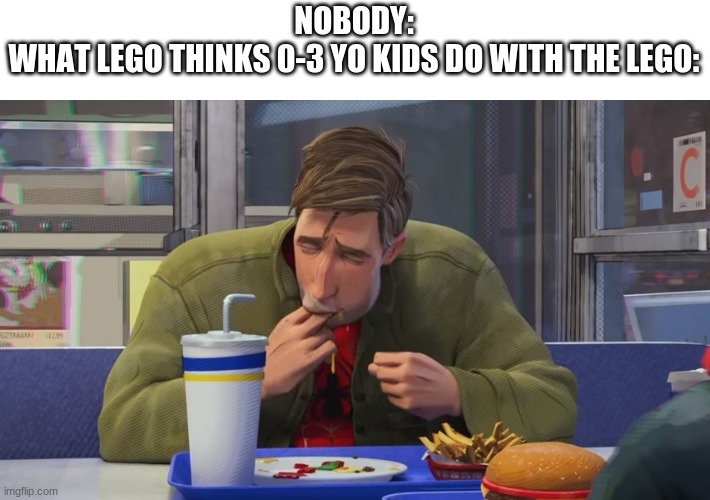 some do that tho | NOBODY:
WHAT LEGO THINKS 0-3 YO KIDS DO WITH THE LEGO: | image tagged in spiderman,0-3 yo,lego | made w/ Imgflip meme maker