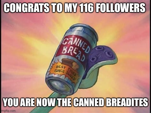 YE | CONGRATS TO MY 116 FOLLOWERS; YOU ARE NOW THE CANNED BREADITES | image tagged in canned bread | made w/ Imgflip meme maker