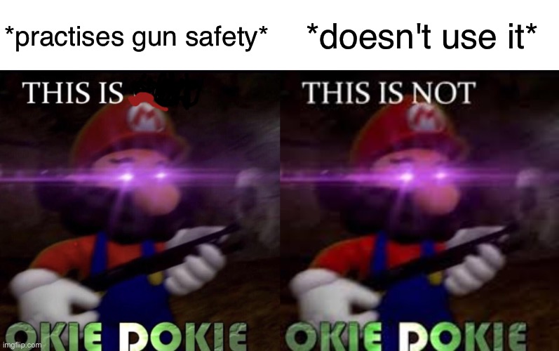 *practises gun safety*; *doesn't use it* | image tagged in this is okie okie,this is not okie dokie | made w/ Imgflip meme maker