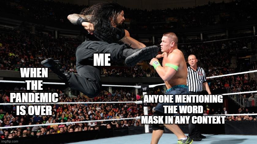 ANYONE.... | ME; WHEN THE PANDEMIC IS OVER; ANYONE MENTIONING THE WORD MASK IN ANY CONTEXT | image tagged in wwe,roman reigns,superman punch,mask | made w/ Imgflip meme maker
