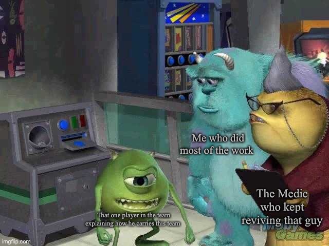 Ye | Me who did most of the work; The Medic who kept reviving that guy; That one player in the team explaining how he carries this team | image tagged in mike wazowski trying to explain | made w/ Imgflip meme maker