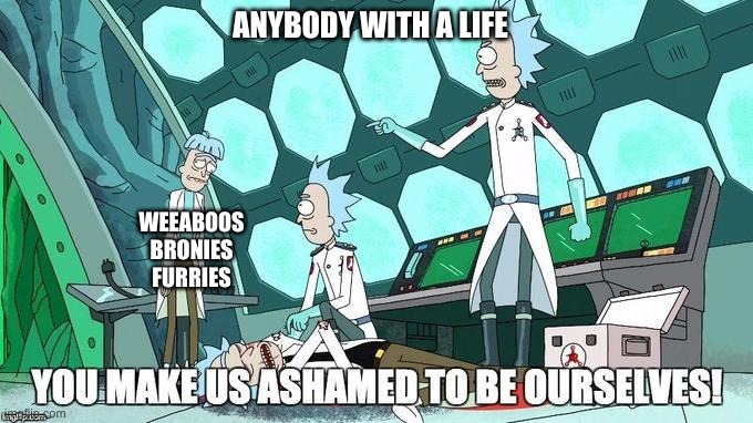 You make us ashamed to be ourselves! | ANYBODY WITH A LIFE; WEEABOOS
BRONIES
FURRIES | image tagged in you make us ashamed to be ourselves | made w/ Imgflip meme maker