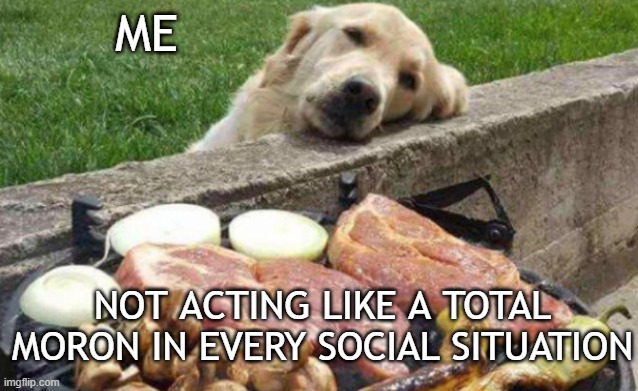Meat Dog Mondays |  ME; NOT ACTING LIKE A TOTAL MORON IN EVERY SOCIAL SITUATION | image tagged in dog,meat,grill,sad,golden retriever,sad dog | made w/ Imgflip meme maker