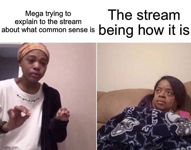 Lecturing mom | Mega trying to explain to the stream about what common sense is; The stream being how it is | image tagged in lecturing mom | made w/ Imgflip meme maker