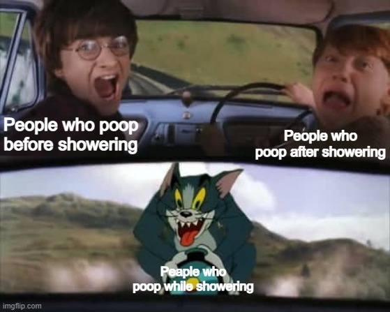 meme |  People who poop before showering; People who poop after showering; Peaple who poop while showering | image tagged in harry ron and tom | made w/ Imgflip meme maker