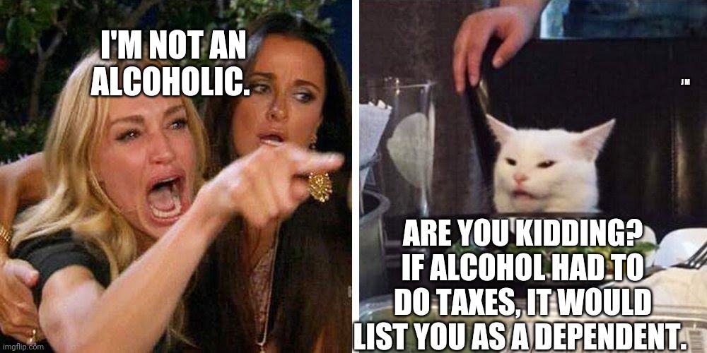 Smudge the cat | I'M NOT AN ALCOHOLIC. J M; ARE YOU KIDDING? IF ALCOHOL HAD TO DO TAXES, IT WOULD LIST YOU AS A DEPENDENT. | image tagged in smudge the cat | made w/ Imgflip meme maker