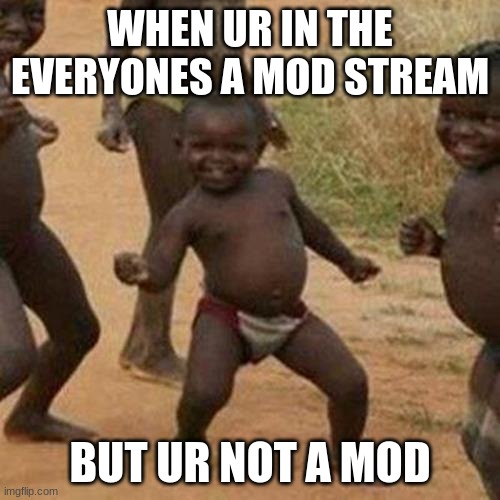 (image title hereeee) | WHEN UR IN THE EVERYONES A MOD STREAM; BUT UR NOT A MOD | image tagged in memes,third world success kid | made w/ Imgflip meme maker
