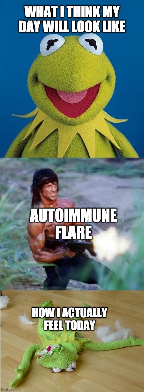 Autoimmune Flare | WHAT I THINK MY DAY WILL LOOK LIKE; AUTOIMMUNE FLARE; HOW I ACTUALLY FEEL TODAY | image tagged in kermit rambo | made w/ Imgflip meme maker