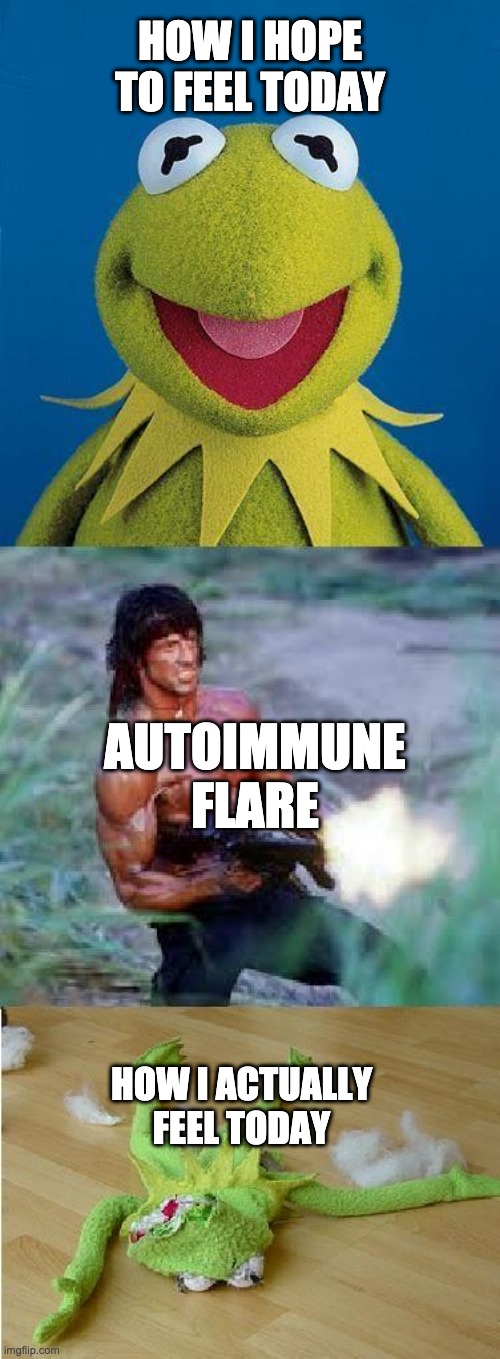 Autoimmune Flare | HOW I HOPE TO FEEL TODAY; AUTOIMMUNE FLARE; HOW I ACTUALLY FEEL TODAY | image tagged in kermit rambo,flare day,autoimmunity,dissapointment | made w/ Imgflip meme maker