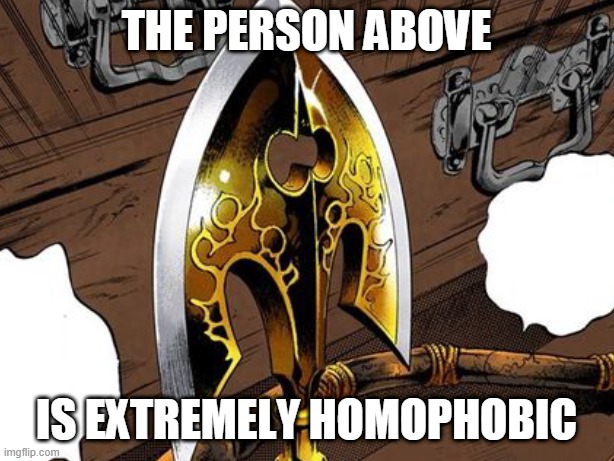 The person above | THE PERSON ABOVE; IS EXTREMELY HOMOPHOBIC | image tagged in the person above | made w/ Imgflip meme maker