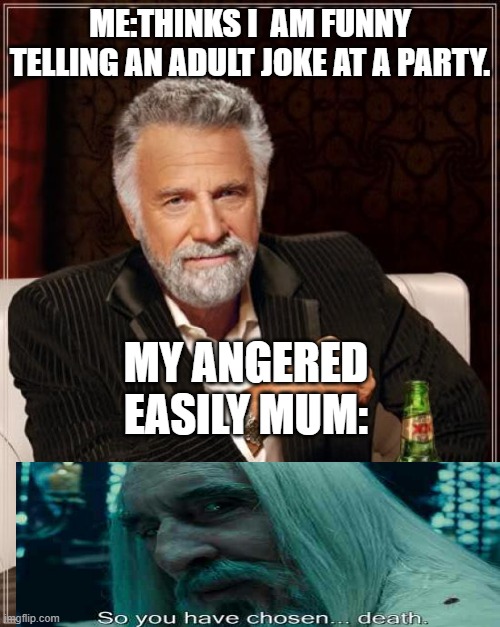 deadboi | ME:THINKS I  AM FUNNY TELLING AN ADULT JOKE AT A PARTY. MY ANGERED EASILY MUM: | image tagged in memes,the most interesting man in the world | made w/ Imgflip meme maker