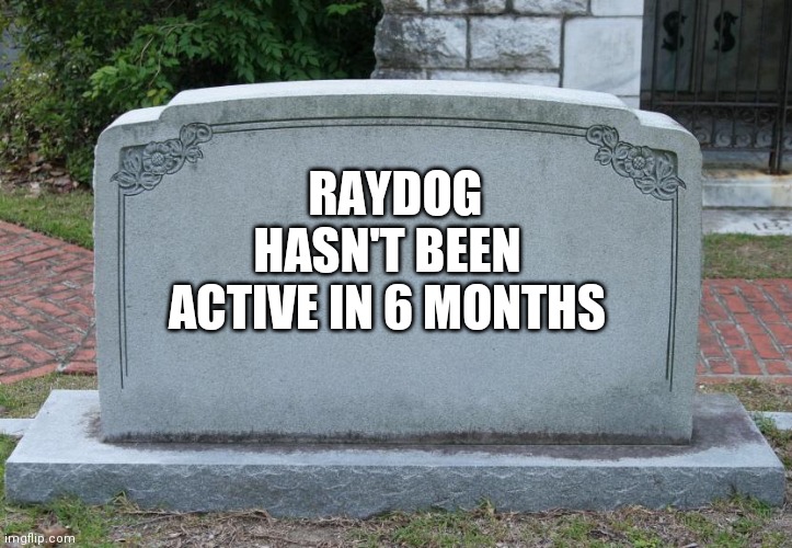 Raydog needs to return | RAYDOG; HASN'T BEEN ACTIVE IN 6 MONTHS | image tagged in gravestone,raydog | made w/ Imgflip meme maker