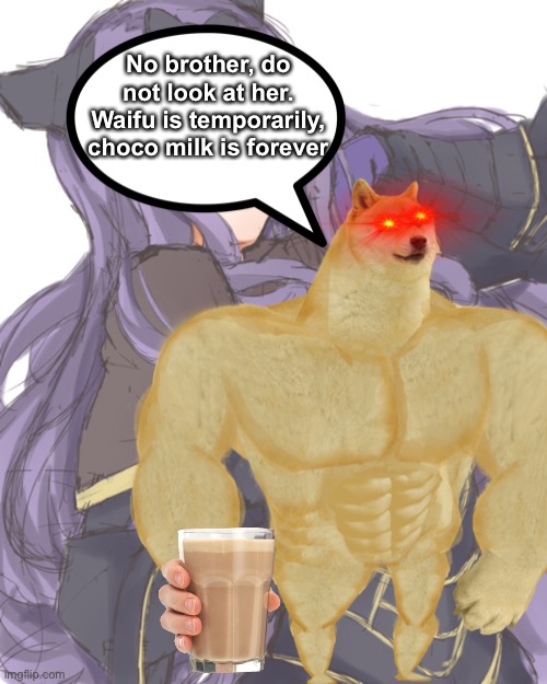 While clicking create, I realized that the speech bubble blocked her face |  No brother, do not look at her. Waifu is temporarily, choco milk is forever | image tagged in doge | made w/ Imgflip meme maker