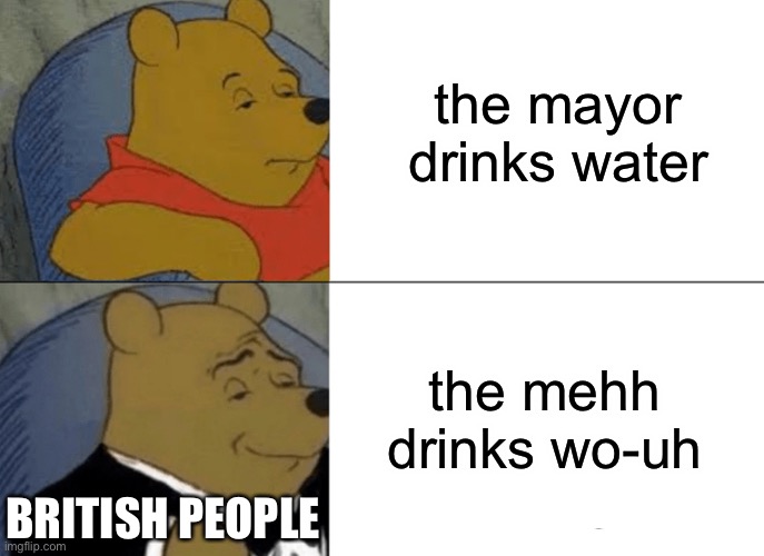 british |  the mayor drinks water; the mehh drinks wo-uh; BRITISH PEOPLE | image tagged in memes,tuxedo winnie the pooh | made w/ Imgflip meme maker