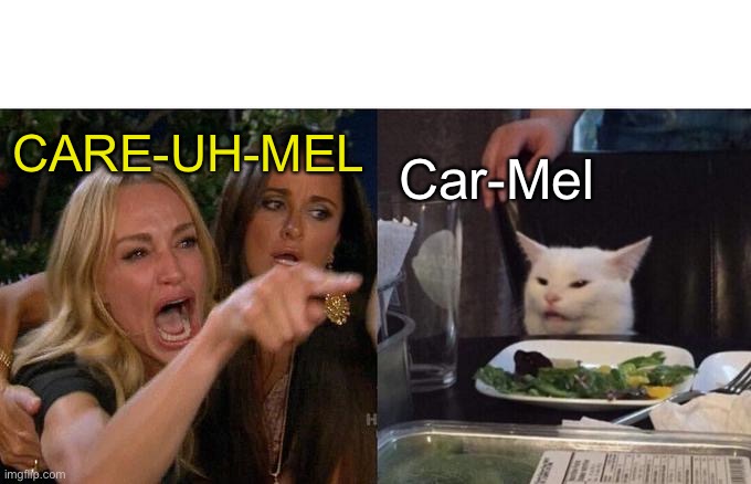 Which one? | CARE-UH-MEL; Car-Mel | image tagged in memes,woman yelling at cat | made w/ Imgflip meme maker