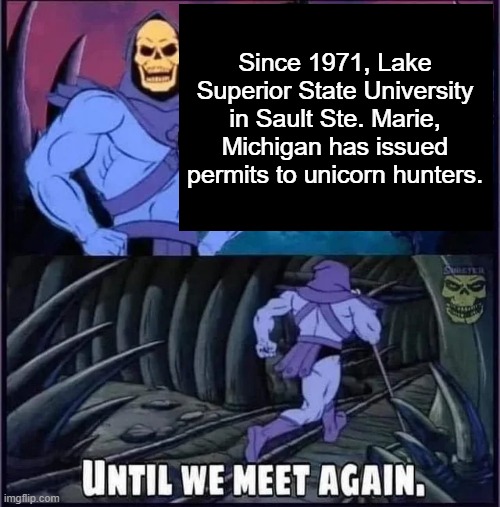 Until we meet again. | Since 1971, Lake Superior State University in Sault Ste. Marie, Michigan has issued permits to unicorn hunters. | image tagged in until we meet again | made w/ Imgflip meme maker