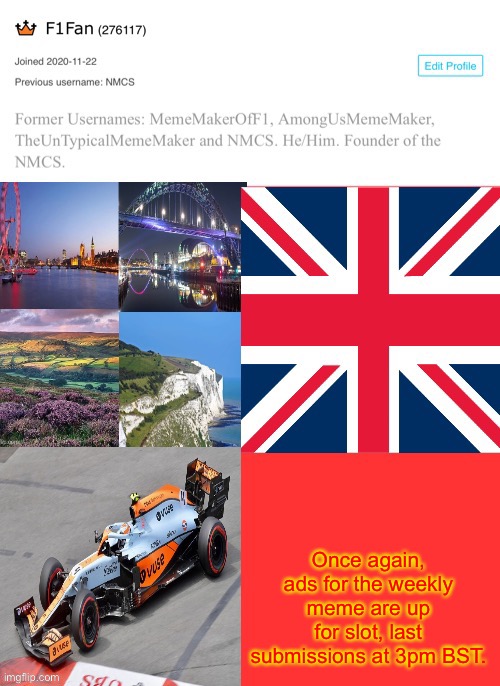 F1Fan Announcement Template | Once again, ads for the weekly meme are up for slot, last submissions at 3pm BST. | image tagged in f1fan announcement template | made w/ Imgflip meme maker