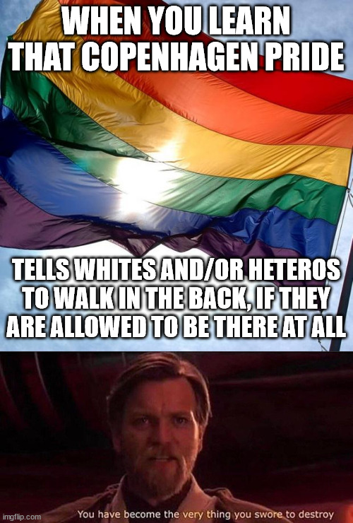 I support their cause but I can never support them | WHEN YOU LEARN THAT COPENHAGEN PRIDE; TELLS WHITES AND/OR HETEROS TO WALK IN THE BACK, IF THEY ARE ALLOWED TO BE THERE AT ALL | image tagged in pride,you've become the very thing you swore to destroy,racism,intolerance | made w/ Imgflip meme maker