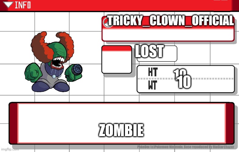 Lolz | TRICKY_CLOWN_OFFICIAL; LOST; 10; 10; ZOMBIE | image tagged in imgflip username pokedex | made w/ Imgflip meme maker
