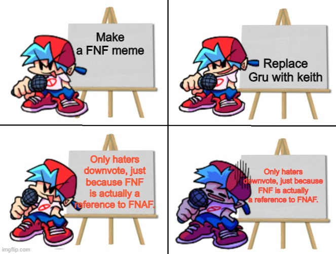 the bf's plan | Replace Gru with keith; Make a FNF meme; Only haters downvote, just because FNF is actually a reference to FNAF. Only haters downvote, just because FNF is actually a reference to FNAF. | image tagged in the bf's plan,fnf,fnaf,so true memes | made w/ Imgflip meme maker